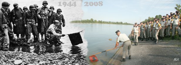 Photo montage 1944-2008, les fanions du 2e escadron trempés dans le canal de Kembs à Rosenau